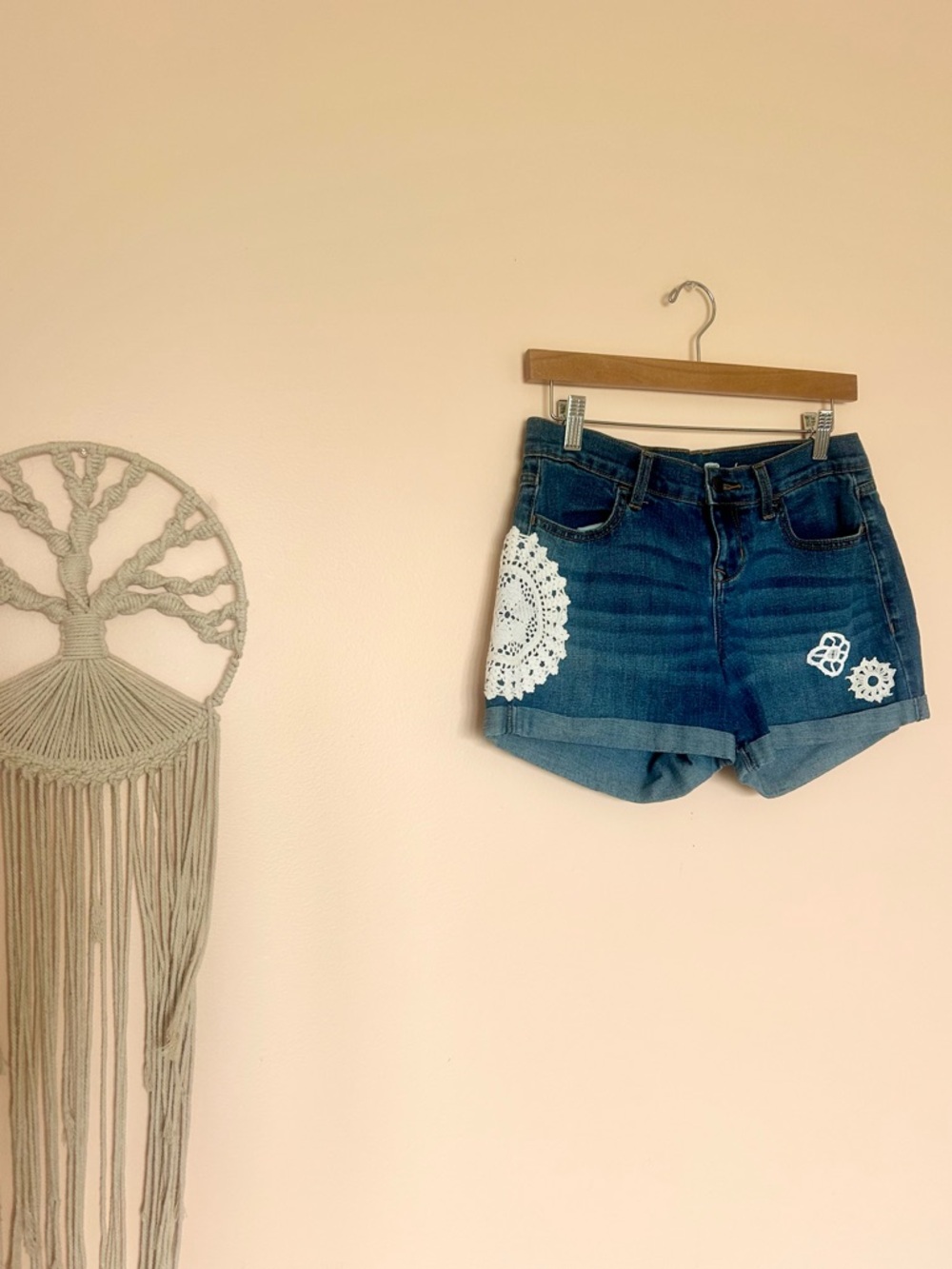 Upcycled Doily Denim Shorts